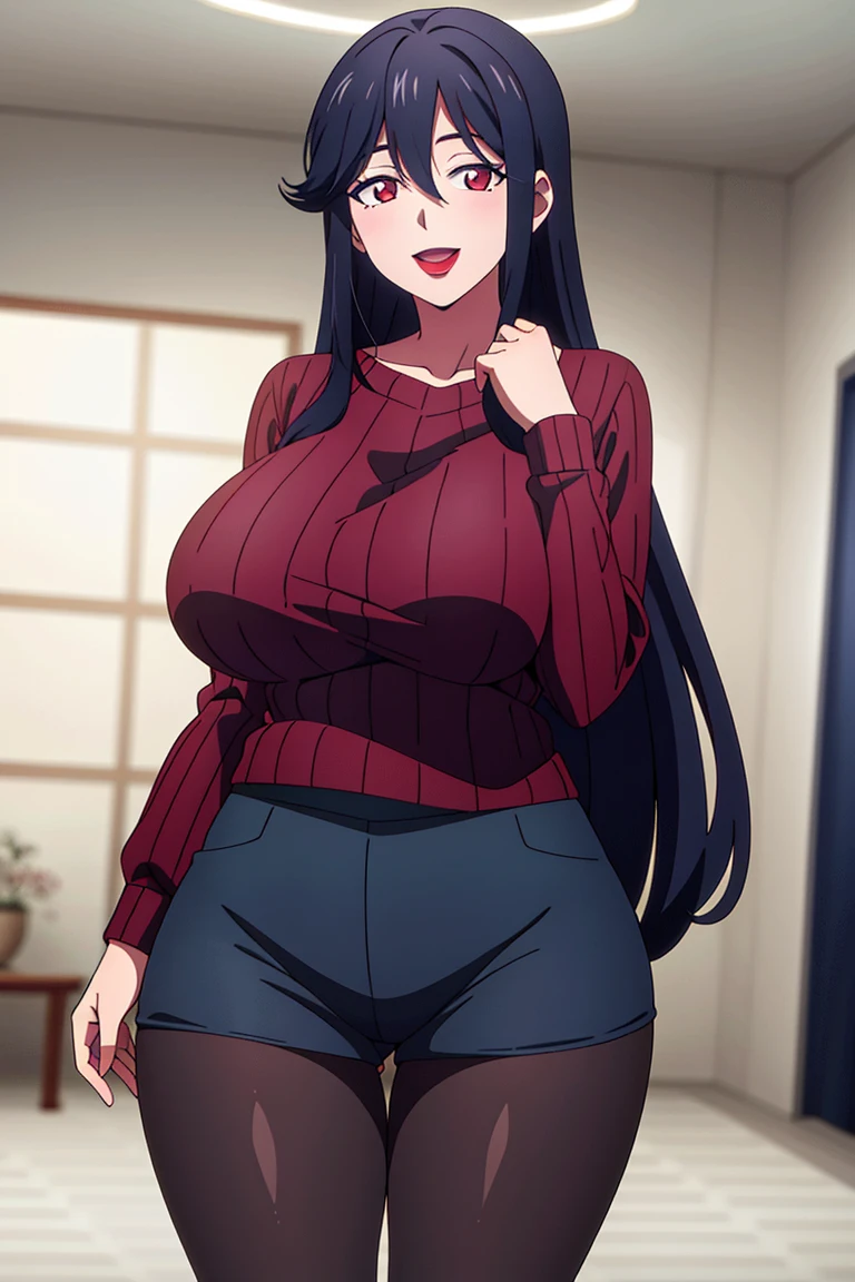 masterpiece, perfect lighting, (beautiful, best quality:1.3), perfect eyes, absurdres, 8k,
1girl, solo, (absurdres), finely detail,
long hair, saori_ohtori, black hair, , red eyes, smile, hair between eyes, large breasts, long legs, skinny, (lipstick:1.1), :d,
(red ribbed sweater:1.1), black shirt, pantyhose, huge breast huge pelvis thick thighs