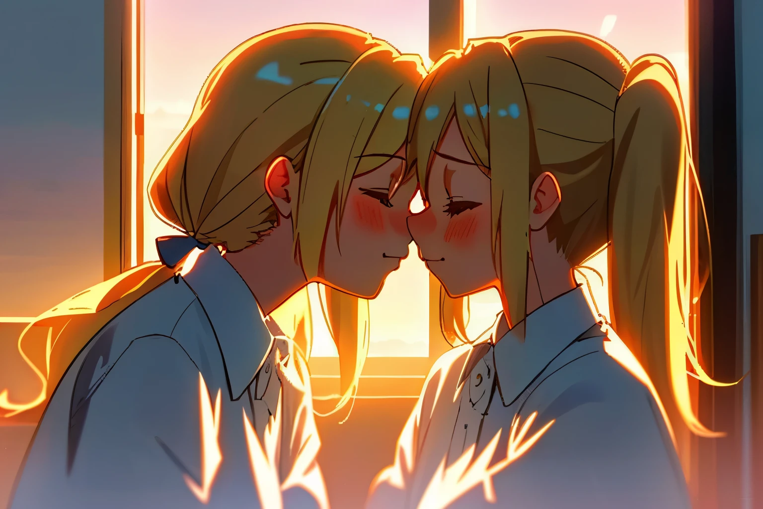 2 girls, twin girls kissing on the lips, from side, both blonde long pony tail, close eyes, (masterpiece), ((best quality)), (super detailed), (Clean and delicate face), sunset, window, cinematic lighting