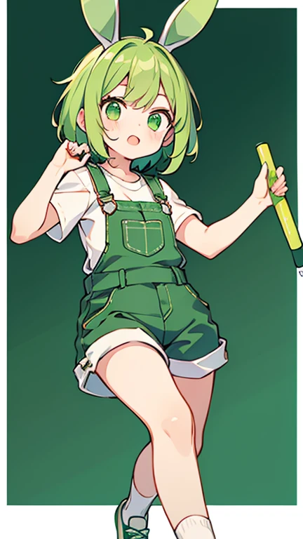 one girl,green short hair,green eyes,green bunny ears,white short sleeve tee,green overalls shorts,white socks,green sneakers