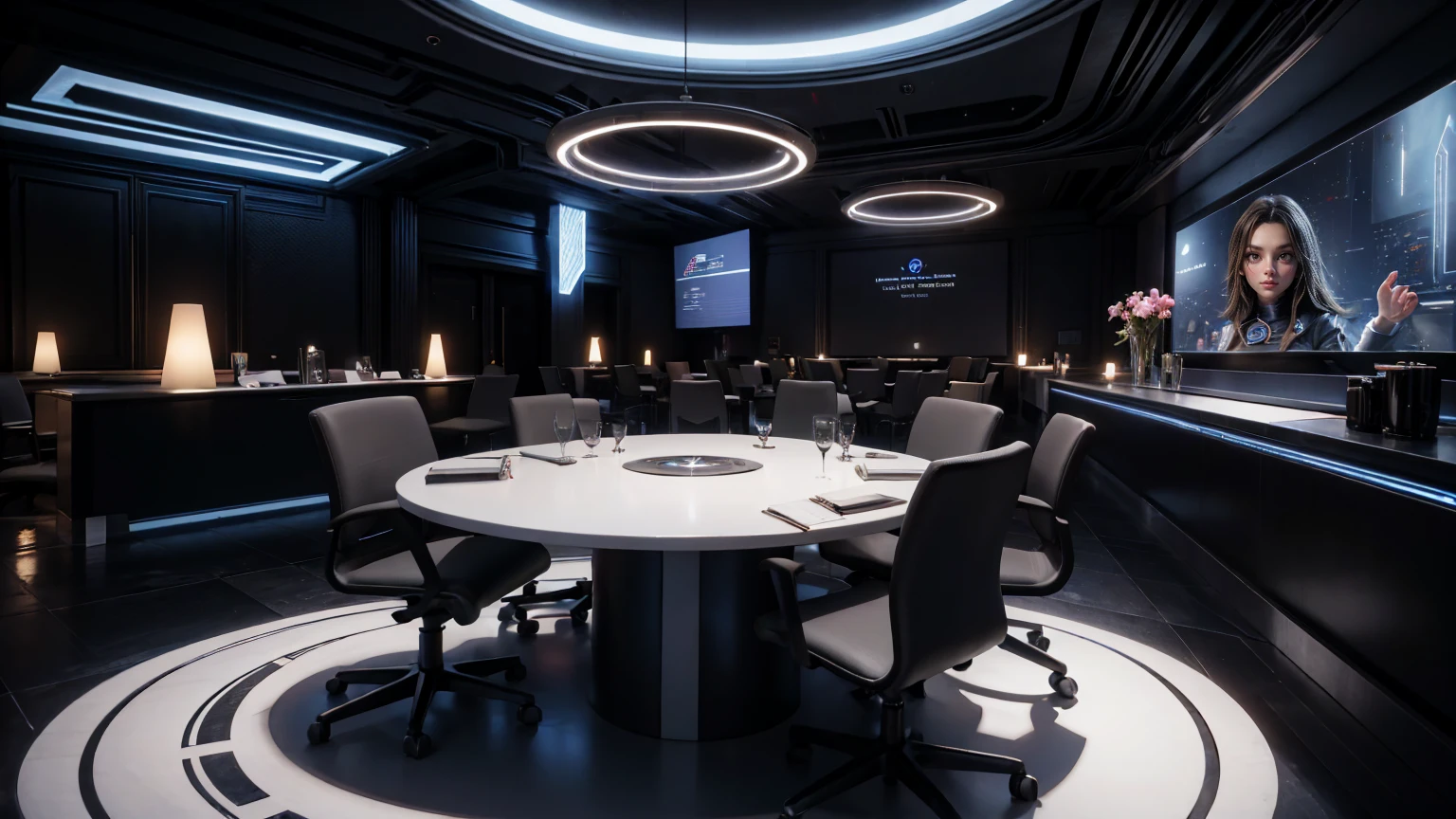 Networking Event Virtual event where participants interact and expand their network in a virtual space. Discussion tables set up based on specific themes. perfect pictures, super realistic image, futuristic, metaverse,  male female, professional environment , 