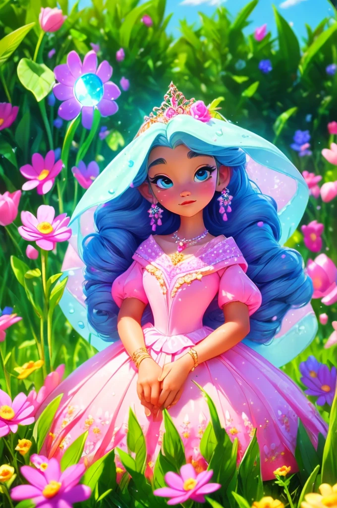 A young 6-year-old princess, full of wonder and magic, is in a field of blooming flowers. Her long dress, in the style of Disney's Princess Sofia, is a vision of pastel colors and delicate lace. A diamond tiara rests on her head, reflecting the sunlight and casting a rainbow of colors around her. In the distance, her castle stands tall and proud, a symbol of her royal heritage.