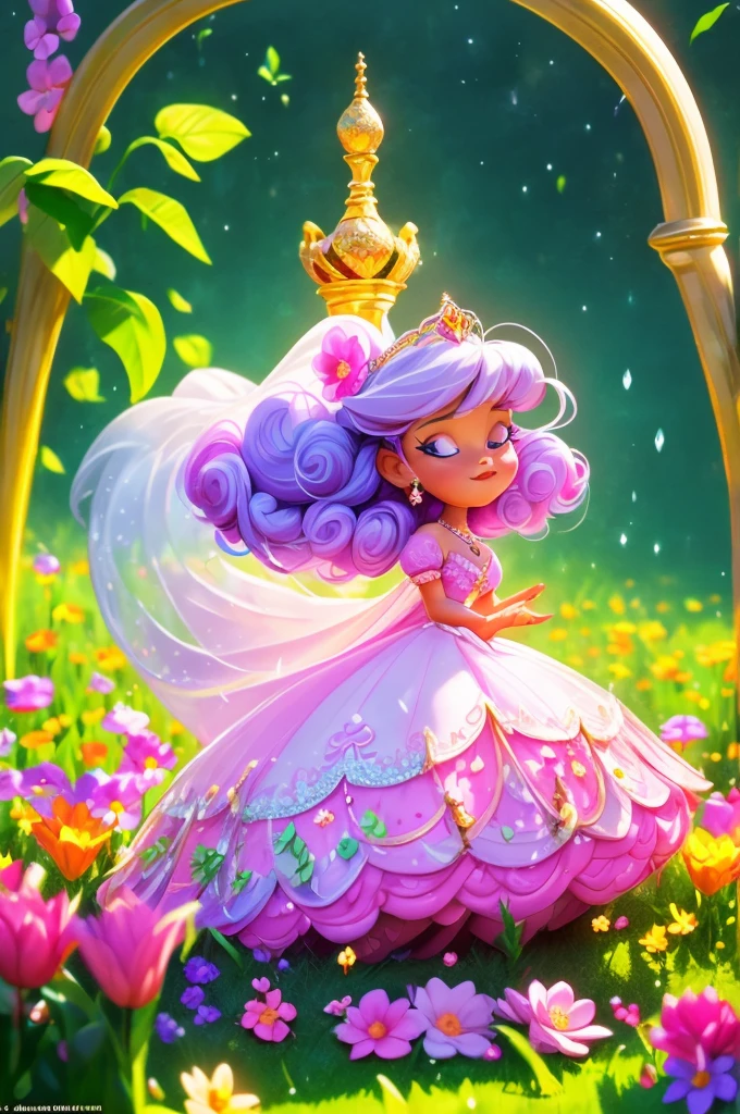 A young 6-year-old princess, full of wonder and magic, is in a field of blooming flowers. Her long dress, in the style of Disney's Princess Sofia, is a vision of pastel colors and delicate lace. A diamond tiara rests on her head, reflecting the sunlight and casting a rainbow of colors around her. In the distance, her castle stands tall and proud, a symbol of her royal heritage.