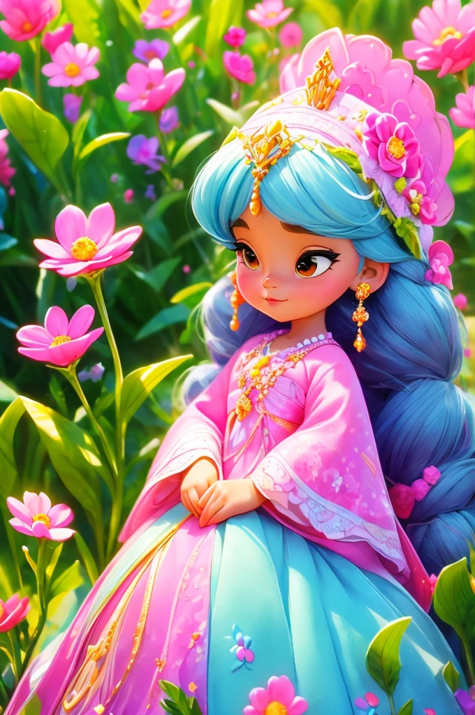 A young 6-year-old princess, full of wonder and magic, is in a field of blooming flowers. Her long dress, in the style of Disney's Princess Sofia, is a vision of pastel colors and delicate lace. A diamond tiara rests on her head, reflecting the sunlight and casting a rainbow of colors around her. In the distance, her castle stands tall and proud, a symbol of her royal heritage.