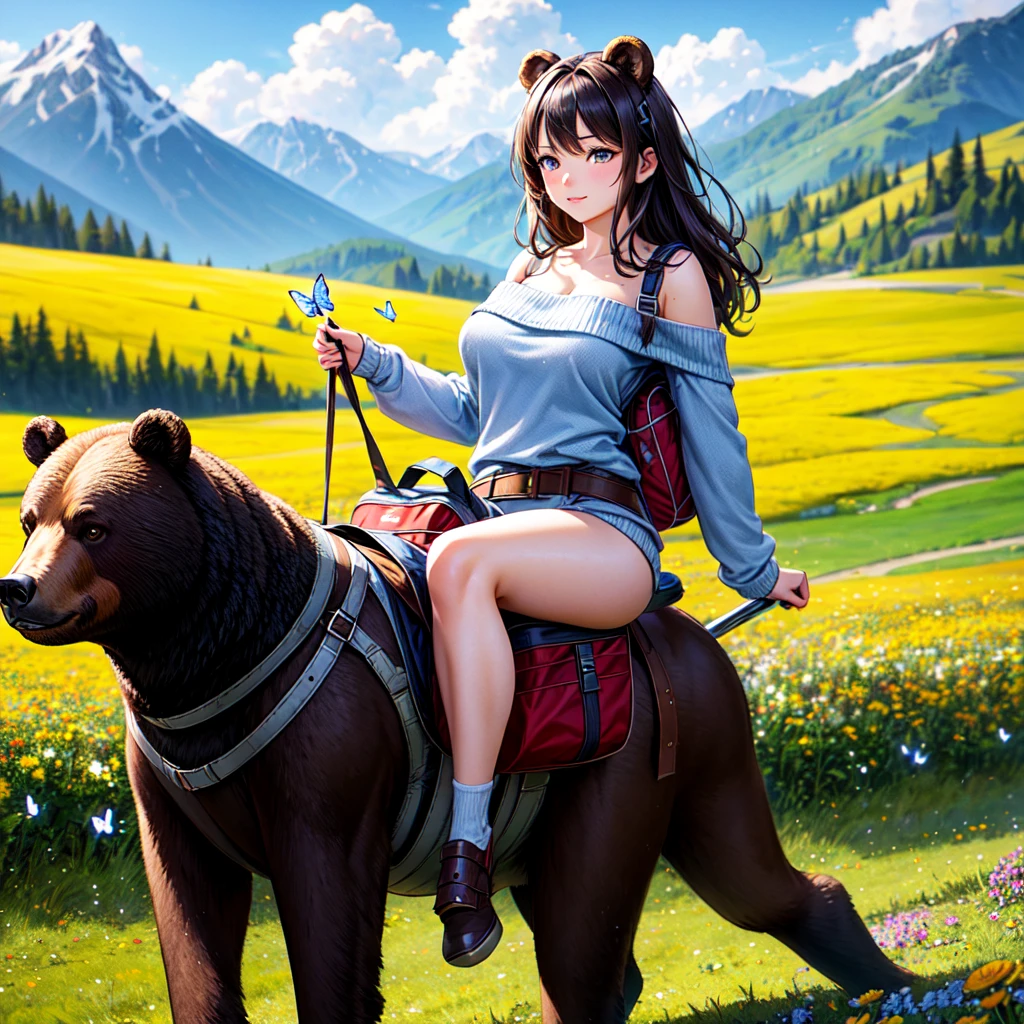 ((best quality)), ((masterpiece)), (detailed), 1girl, off-shoulder sweater, a big riding bear in heavy armor and a saddle loaded with hiking bags walks through a flower meadow over which butterflies flutter against the backdrop of high mountains,