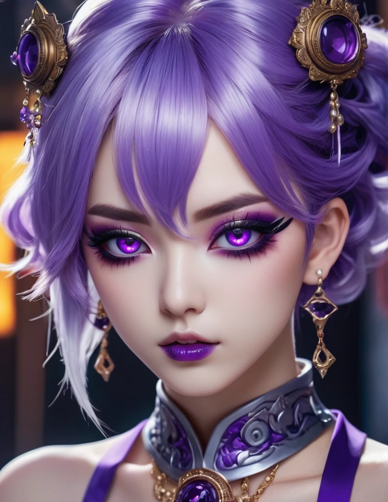 quality(8k wallpaper of extremely detailed CG unit, masterpiece, hight resolution, top-quality, top-quality real texture skin,hyper realisitic, digitial painting,increase the resolution,RAW photos,best qualtiy,highly detailed,the wallpaper),BREAK,8K, anime -style art , full face, mixed color eyes, purple makeup, white skin, metalic purple hair long, jewelry, tattoos, toxic mask , purple eyes, purple taoist uniform