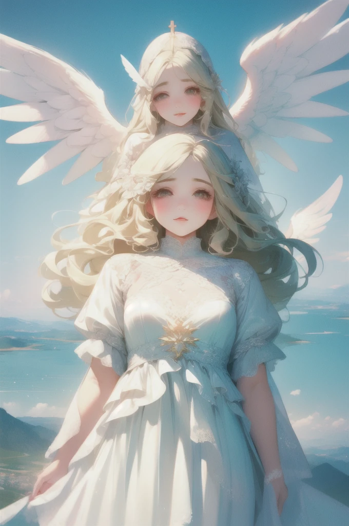 Gently illustration, Soft atmosphere, Pastel colored pencil illustrations, absurd, meticulously made, Ultra-high quality, Ultra Detailed, landscape, 极好的landscape, Magnificent views, (1 very cute angel girl:1.3), Solitary