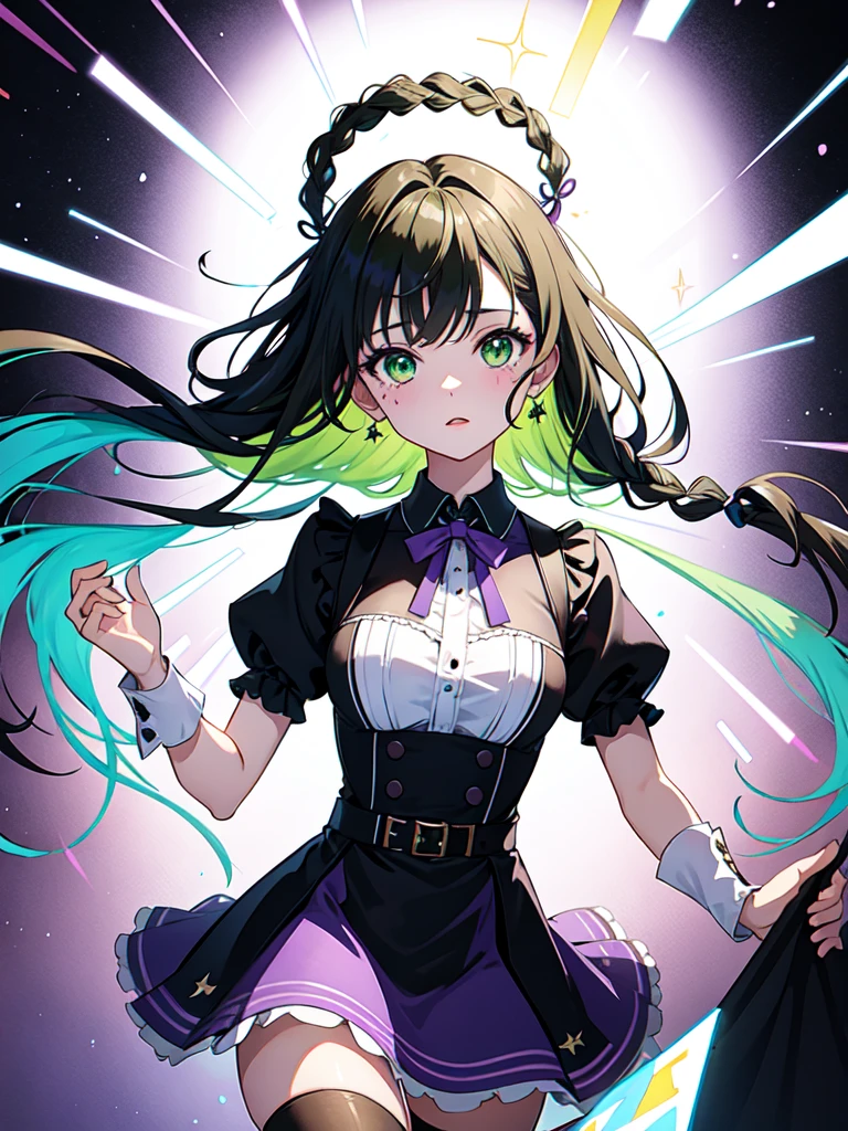 watercolor画, Dressed in maid uniform 　Mature face,tall, Wearing black tights,Green Eyes,Updo, Braided Hair, The skin is hidden　and （Gradient hair, (Ink blotches:1.1), (pale:1.2),(Light purple:1.2),(Green/Black:1.2)）　and 1 female, Nervous,Cowboy Shot, sketch (Character design sheet, same characters, whole body, Three-View, front, ~ ~ ~ side, return),(Very bright:1.1), White Background, [1 Girl:7], (Tilt your head:1.2), ([sketch|watercolor \(Moderate\)]:1.15),Chaotic Abstract Background, Vector Trace, Gradient Blending, Bright colors, that&#39;wonderful, Very detailed, Complex, (Very low contrast:1.4）