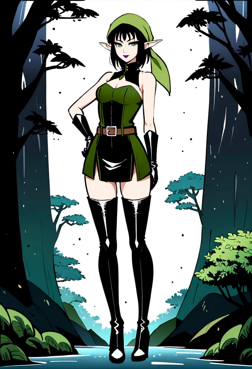 full body picture, anime style, female sexy elf ranger in fantasy forest, beautiful raven-haired elf woman, round hips, slender waist and shoulders, small perky chest, green double slit ranger uniform mini-dress with upper part bodice-style shoulderless, same length double slits on dress, thigh-high black belted leather stiletto high heeled belted boots, stiletto thigh-high leather high-heeled belted boots, leather gloves, green bandana tied over hair, brown belt on waist, long raven colored hair, green eyes, sultry smile, dark lips, dark lipstick, black eyeshadow, green headscarf,