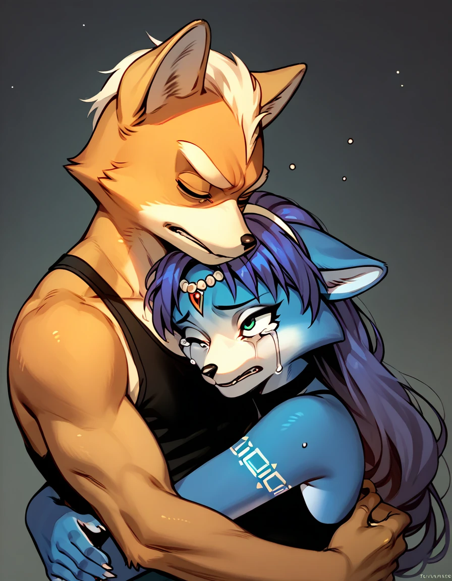 score_9, score_8_up, score_7_up, score_6_up, score_5_up, score_4_up, duo, 1boy, 1girl, duo, Fox Mccloud, Krystal swift, violet hair, hair, long hair, black eyeliner, black tank, crying, hug, rating_questionable
