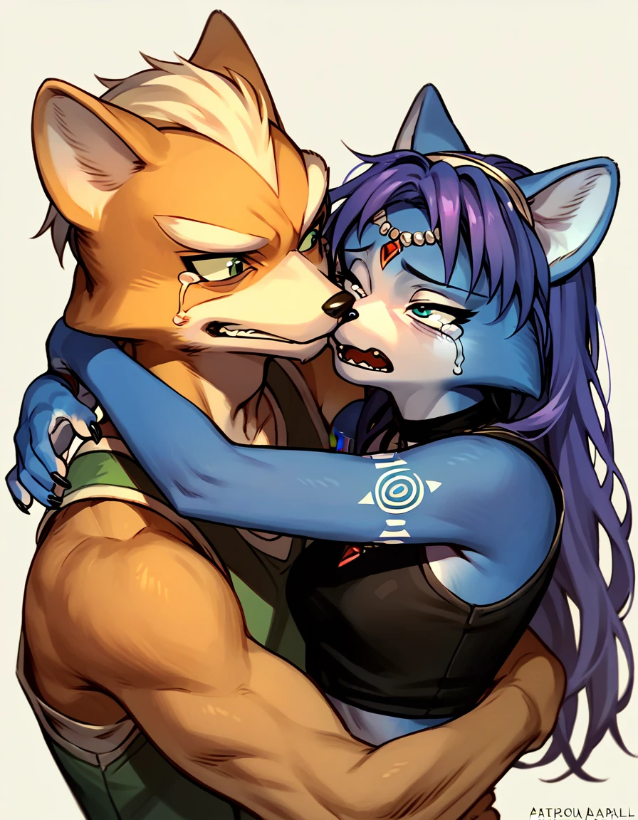 score_9, score_8_up, score_7_up, score_6_up, score_5_up, score_4_up, duo, 1boy, 1girl, duo, Fox Mccloud, Krystal swift, violet hair, hair, long hair, black eyeliner, black tank, crying, hug, rating_questionable
