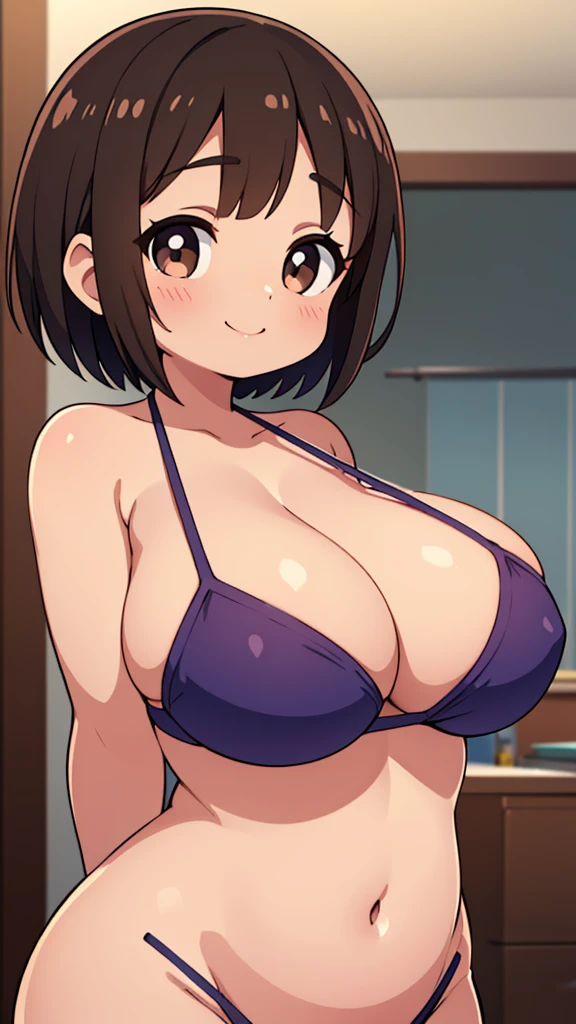 Beautiful young girl , Beautiful round breasts,Bust up front,Beautiful upturned breasts,G-Cup, Narrow waist,Brown skin,Short Bob,Baby Face, bikini top,(((Enlarged view of the upper body))),View from the front, Cleavage is clearly visible,Keep your head upright and smile,ID photo