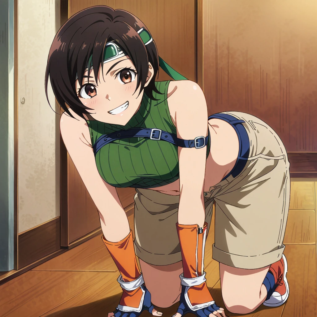 girl at home, wearing shorts and tank top, barefoot, tied up and tape gagged