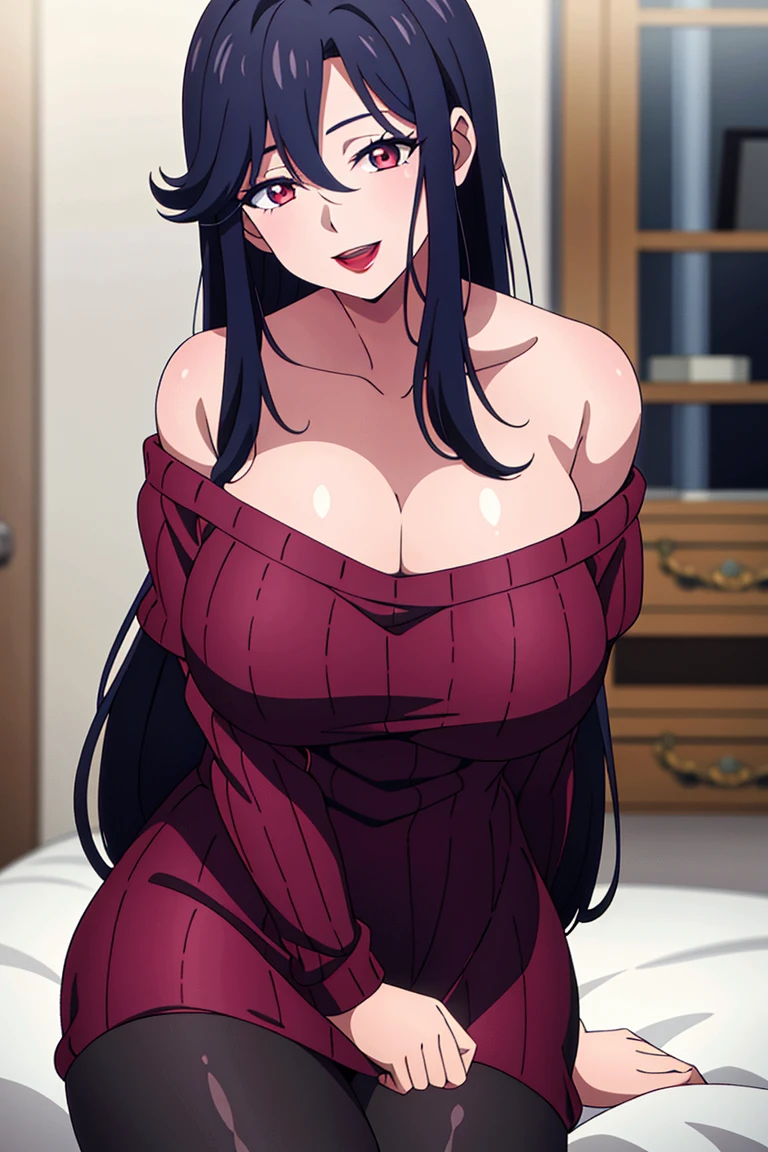 masterpiece, perfect lighting, (beautiful, best quality:1.3), perfect eyes, absurdres, 8k,
1girl, solo, (absurdres), finely detail, 
long hair, saori_ohtori, black hair, , red eyes,  smile, hair between eyes, large breasts, long legs, skinny, (lipstick:1.1), :d, 
(red ribbed sweater:1.1), black shirt, pantyhose, huge breast huge pelvis thick thighs ,((off shoulder deep cleavage))