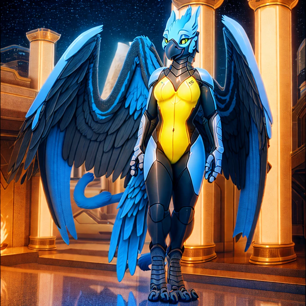 (masterpiece:1.2), best quality, (detailed warm ambient lighting), (cinematic lighting), (high resolution), furry commission, perfect anatomy, (female anthro synth), (gryphon, avian), soft, curvy, medium breasts, science fiction, (detailed background), solo female, elegant, wings on back, (beautiful), standing, friendly, shiny, black, glowing, digitigrade, 3d, gooey body