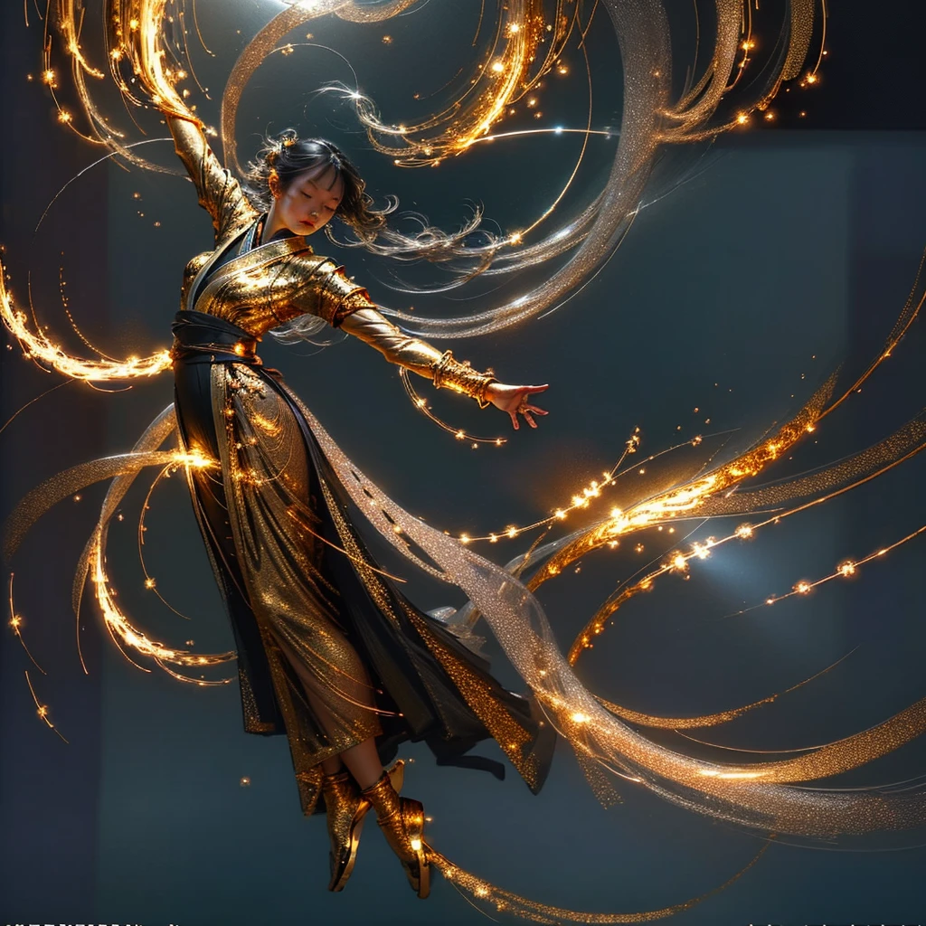 best quality,masterpiece,Ultra-high resolution,Solitary,1 Girl, ,roujinzhi,Chinese Zen style,impactful picture,translucent and glowing metallic patterns,(Glowing metal objects hovered in the air and surrounded him:1.2),(Electric arcs and sparks:1.2),(Energy Flow:1.2),(translucent magnetic lines:1.2),(Gold, silver and glittering light effects:1.2),