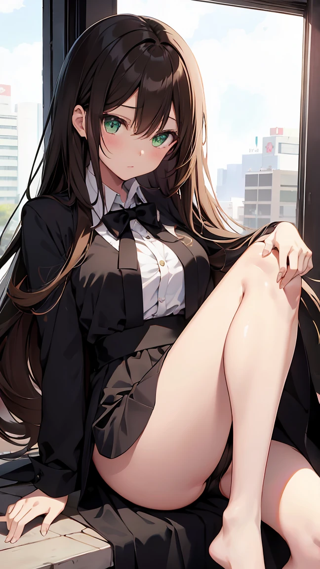 Shibuya rin, 1 girl, brunette, long hair, green eyes, dark shiny skin, White shirt, black tie, high detail, Luxurious view, bare legs, USA, brown hair