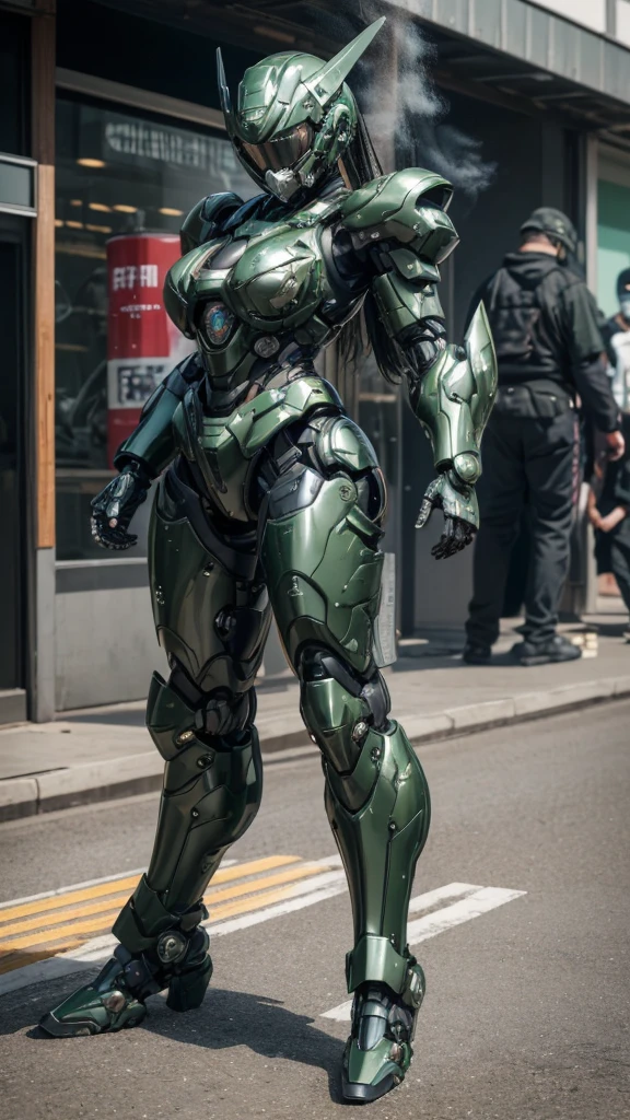 Textured skin, Super detailed, Attention to detail, high quality, 最high quality, High resolution, 1080P, hard disk, beautiful,(War Machine),beautiful cyborg middle aged woman,Mecha Cyborg Girl,(Dark green armor)((Major damage)),Woman with a mechanical body、She is wearing a futuristic combat weapon mecha,Full Body Shot、Full Face Helmets(Only the eyes are visible)(Painful expression)、The damage was enormous、A lot of sweat on the face、cute、gas mask、Lying on the ground、(fall to the ground on your back)Smoke from the mouth、is visible、Full of body slander.、My whole body was injured.、Smoke comes from the whole body