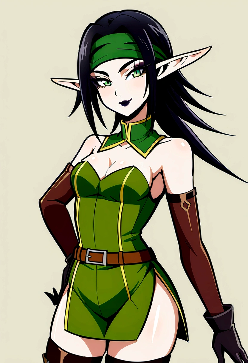 full body picture, anime style, female sexy elf ranger in fantasy forest, beautiful raven-haired elf woman, round hips, slender waist and shoulders, small perky chest, green double slit ranger uniform mini-dress with upper part bodice-style shoulderless, same length double slits on dress, thigh-high black belted leather stiletto high heeled belted boots, stiletto thigh-high leather high-heeled belted boots, leather gloves, green bandana tied over hair, brown belt on waist, long raven colored hair, green eyes, sultry smile, dark lips, dark lipstick, black eyeshadow, green headscarf,