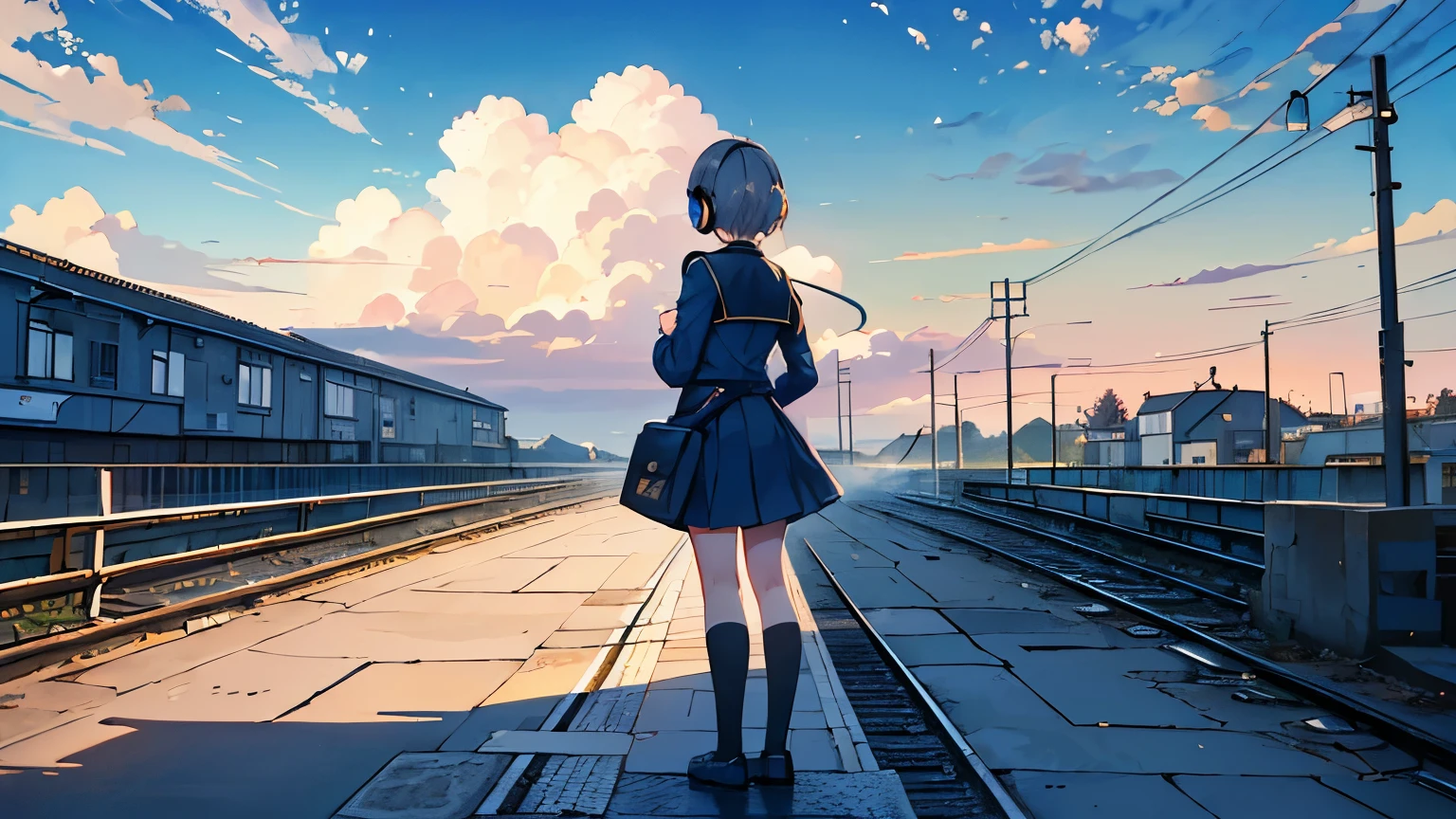 (Top quality, masterpiece),(One girl, headphones, standing on station platform, full body, uniform, facing away), (Summer sky, empty platform, cumulonimbus cloud, countryside, blue sky, street lamp),(Lo-fi art style)