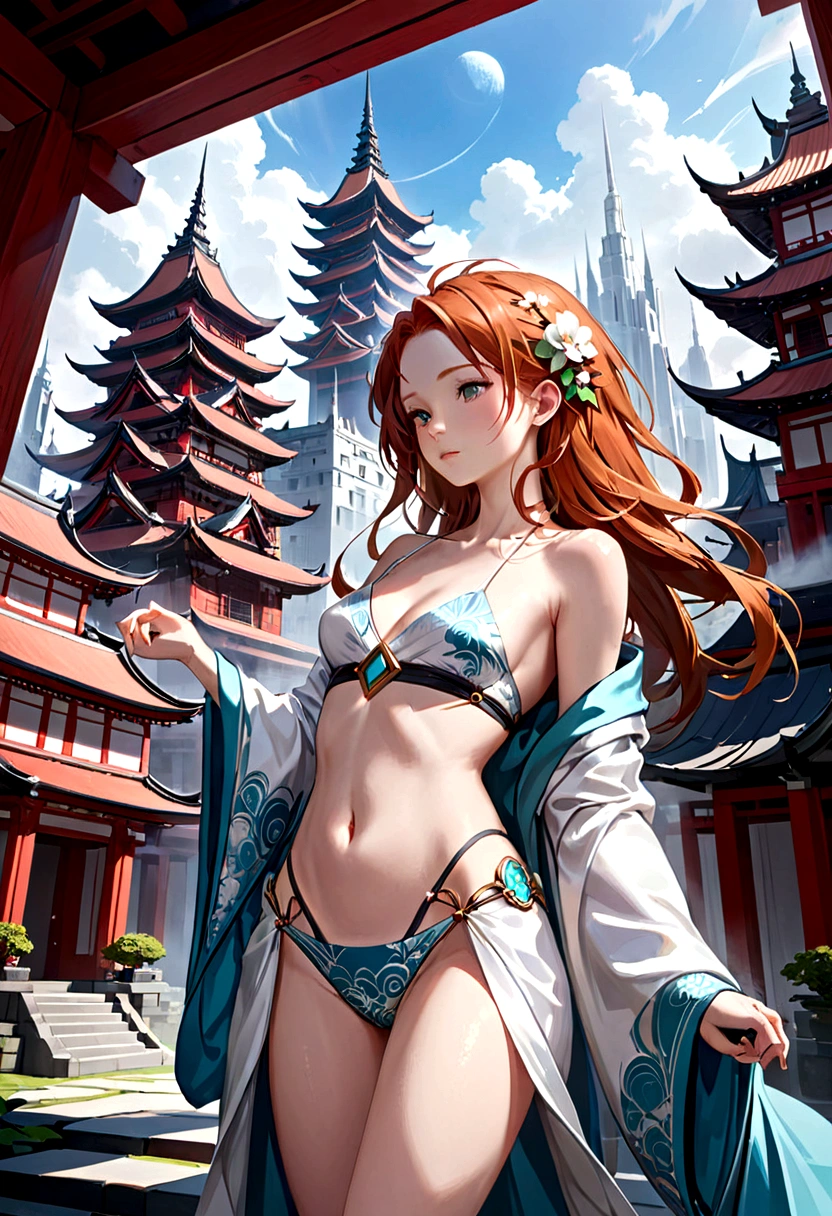 (high quality, ArtStation, Relax Art, fantasy style, abstract architecture:1.2), (A beautiful cute girl), (long messy ginger hair), (white kimono, navel, bare shoulders)