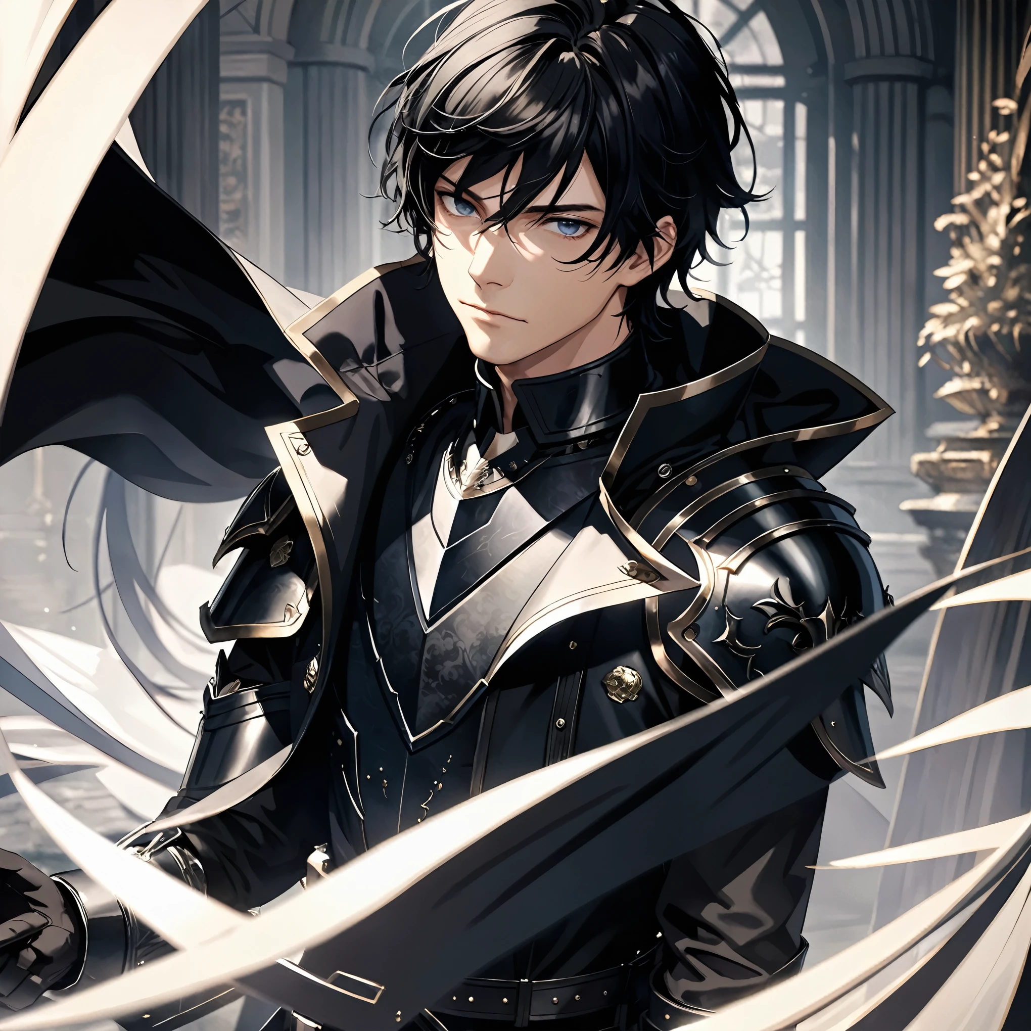 masterpiece, best quality, 1man, adult, male focus, solo, medium hair, black hair,, looking at viewer, cape, High quality metal texture, overcoat, closed mouth, upper body, bangs, high collar,(kbxll:0.6), Fantasy aesthetics, Highly detailed, shadowverse style, armored gloves, metallic gloves, black armor