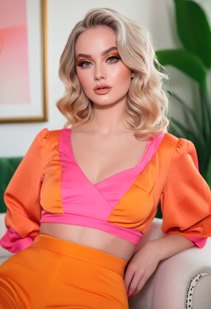 A photo of a pretty blonde woman in an orange and pink outfit, a moody aesthetic., at a resolution of 8K., black winged eyeliner, blonde hair, her hair styled in loose waves, in the style of barbiecore., posing for the camera in the style of Hollywood photography, pretty makeup, posing in the living room with orange and green