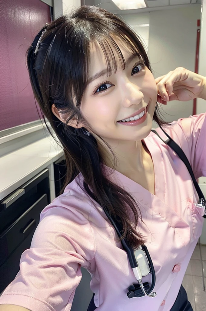 Dental hygienist woman smiling wearing pink medical scrubs　Pink, short sleeves, cute, Japanese, black hair, female, early 20s　Upper body close-up　high resolution　Highest quality