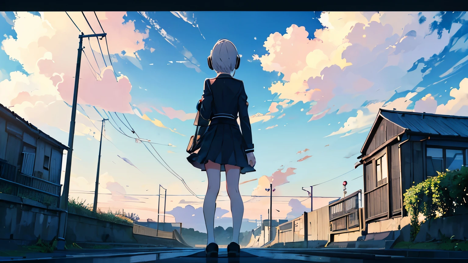 (Top quality, masterpiece),(One girl, headphones, standing on station platform, full body, uniform, facing away), (Summer sky, empty platform, cumulonimbus cloud, countryside, blue sky, street lamp),(Lo-fi art style)