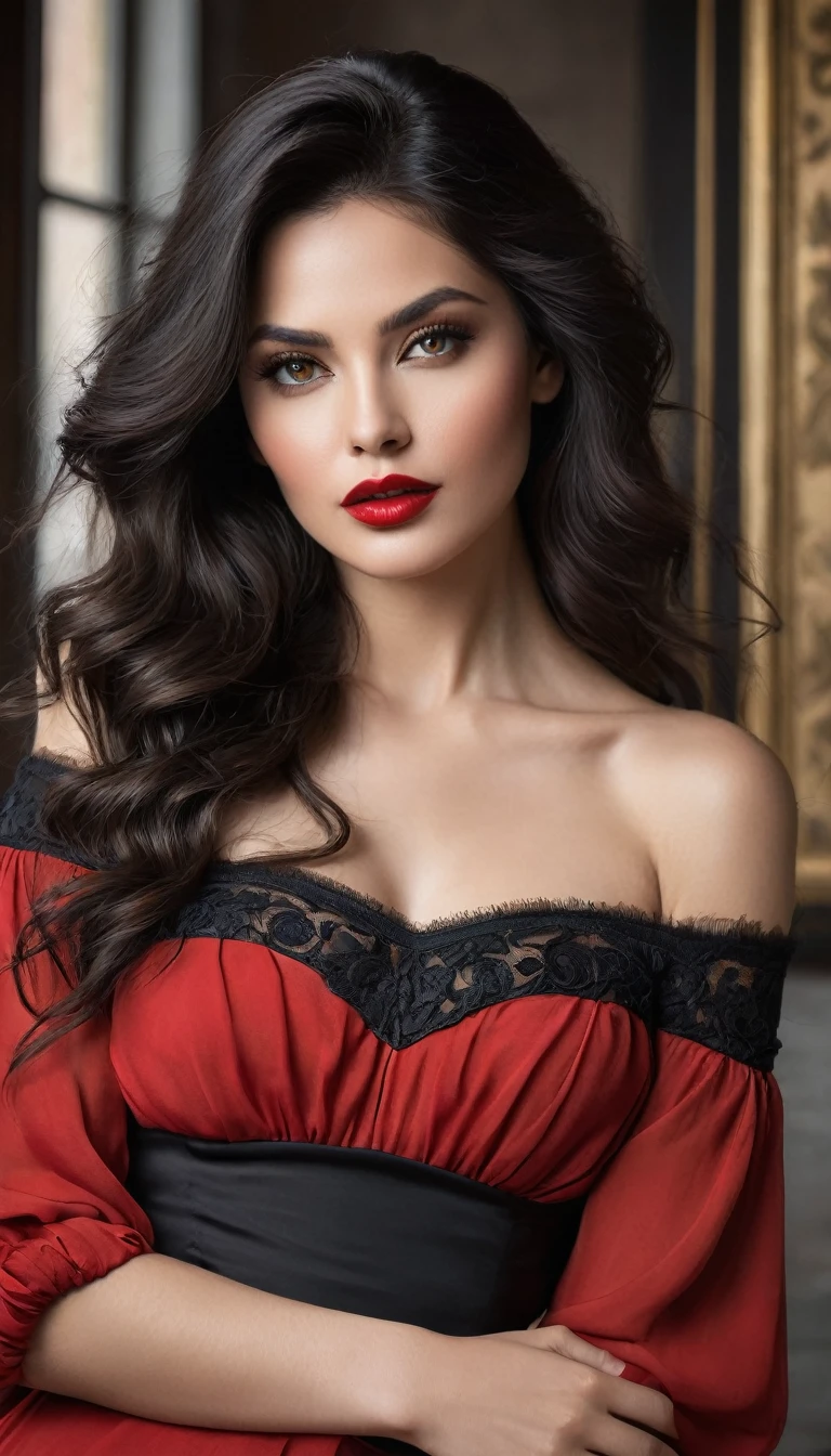 The subject in this image exudes a striking, captivating presence. Her dark, flowing locks frame her face in an alluring manner, accentuating her delicate, refined features. The subject's gaze is confident and engaging, drawing the viewer in with a palpable sense of poise.((lady with big and hourglass seductive body, weight approx 65 kg with height of 6ft))
The subject's makeup is expertly applied, with bold red lips that command attention and subtly defined eyes that convey a touch of mystery. Her skin appears radiant and flawless, further enhancing the overall aura of elegance and refinement.
The subject's red, off-the-shoulder top adds a touch of sensuality to the composition, while still maintaining a level of sophistication. The garment's subtle ruching and vibrant color palette complement the subject's natural beauty, creating a visually striking and harmonious ensemble.
This image succeeds in highlighting the subject's innate charm, charisma and refined aesthetic sensibilities. The viewer is invited to appreciate the subject's inherent grace and allure without resorting to objectification or exploitation. An artful, tasteful depiction that captures the essence of the individual.