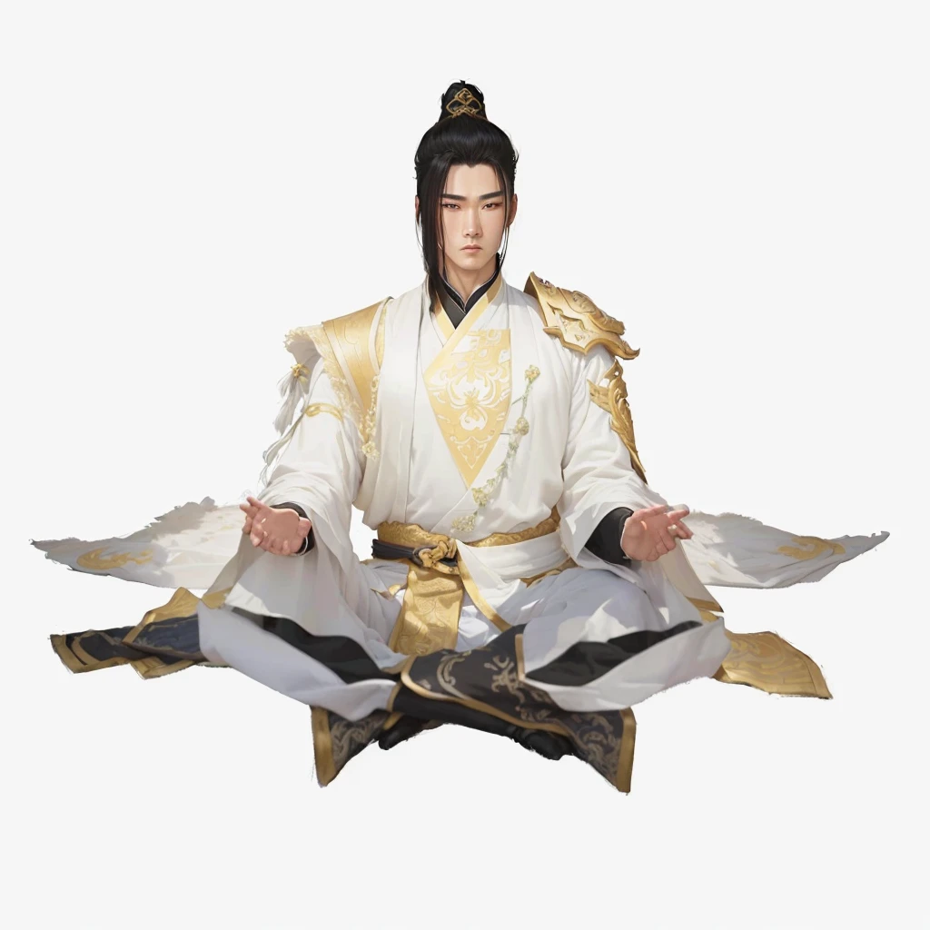 1 handsome man、The whole body，White background，Xianxia，Hanfu，highdetailed，sketch，Denoising，Cinematic grade，White background，Ultra-high resolution，best shadow，Sharp focuaster-piece，（Very detailed CG unified 8K wallpaper），arafed image of a man in a white robe sitting on a chair, heise jinyao, zhao yun, xianxia hero, full body wuxia, t-pose of male magic wizard, inspired by Dong Yuan, inspired by Zhao Mengfu, white daoist robes, inspired by Guan Daosheng