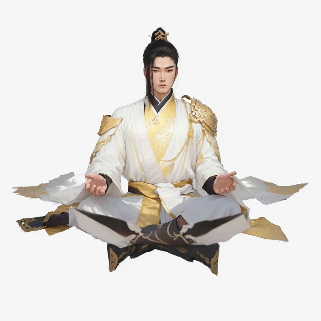 1 handsome man、The whole body，White background，Xianxia，Hanfu，highdetailed，sketch，Denoising，Cinematic grade，White background，Ultra-high resolution，best shadow，Sharp focuaster-piece，（Very detailed CG unified 8K wallpaper），arafed image of a man in a white robe sitting on a chair, heise jinyao, zhao yun, xianxia hero, full body wuxia, t-pose of male magic wizard, inspired by Dong Yuan, inspired by Zhao Mengfu, white daoist robes, inspired by Guan Daosheng