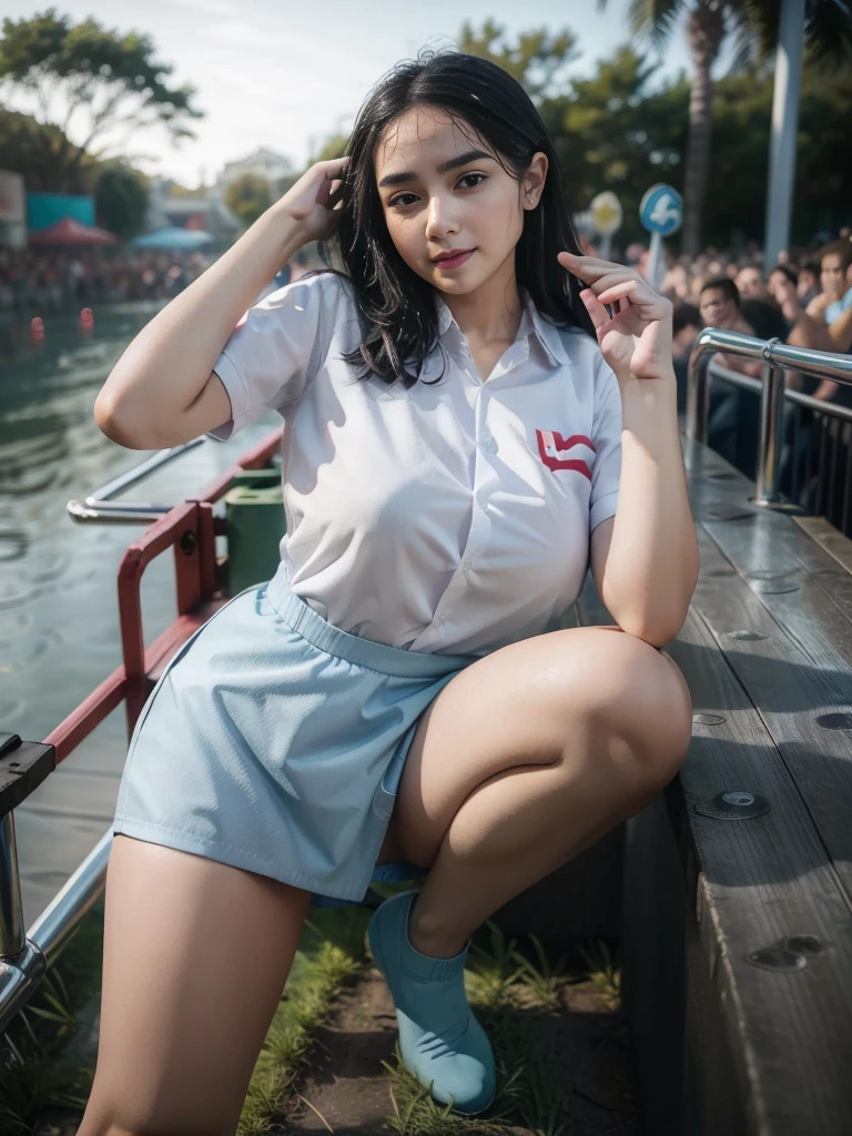 1girl, (uniform), standing, outdoors, detailed face, detailed eyes, big breasts, shiny skin, wet skin, open legs, looking at the audience,(8k, RAW photo, best quality, masterpiece: 1.2), (realistic, realistic: 1.37), ultra-high resolution