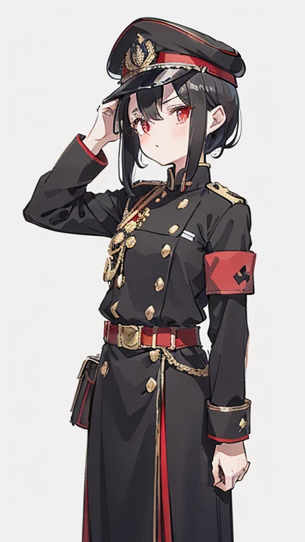 Girl, flat chest, short black hair, has ram horns, forehead exposed, black and red military clothes, general peaked cap, red armband.