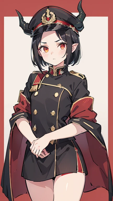 Girl, flat chest, short black hair, has ram horns, forehead exposed, black and red military clothes, general peaked cap, red armband.