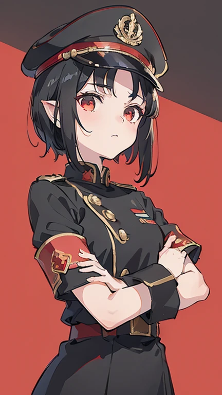 Girl, flat chest, short black hair, has ram horns, forehead exposed, black and red military clothes, general peaked cap, red armband.