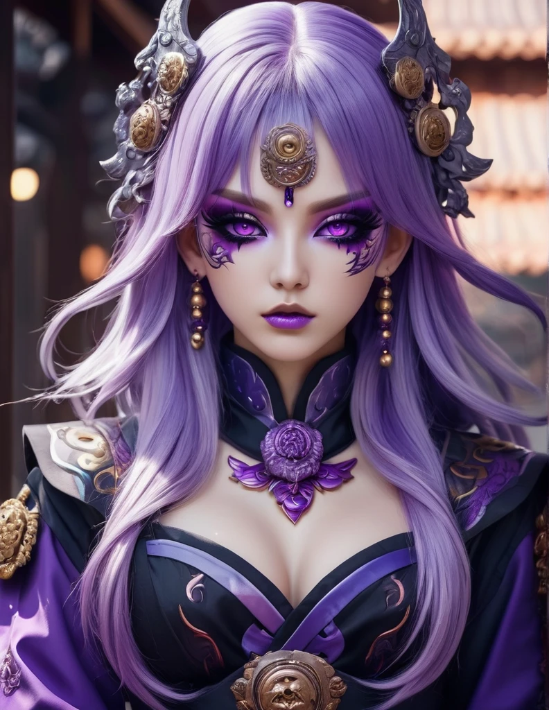 quality(8k wallpaper of extremely detailed CG unit, masterpiece, hight resolution, top-quality, top-quality real texture skin,hyper realisitic, digitial painting,increase the resolution,RAW photos,best qualtiy,highly detailed,the wallpaper),BREAK,8K, anime -style art , full face, mixed color eyes, purple makeup, white skin, metalic purple hair long, jewelry, tattoos, toxic mask , purple eyes, purple taoist uniform
