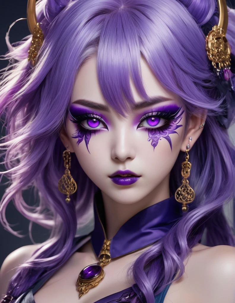 quality(8k wallpaper of extremely detailed CG unit, ​masterpiece, hight resolution, top-quality, top-quality real texture skin,hyper realisitic, digitial painting,increase the resolution,RAW photos，best qualtiy,highly detailed,the wallpaper),BREAK,8K, anime -style art , full face, mixed color eyes,  purple makeup, white skin, metalic purple hair long,  jewelry, tattoos, toxic mask , purple eyes, purple taoist uniform 