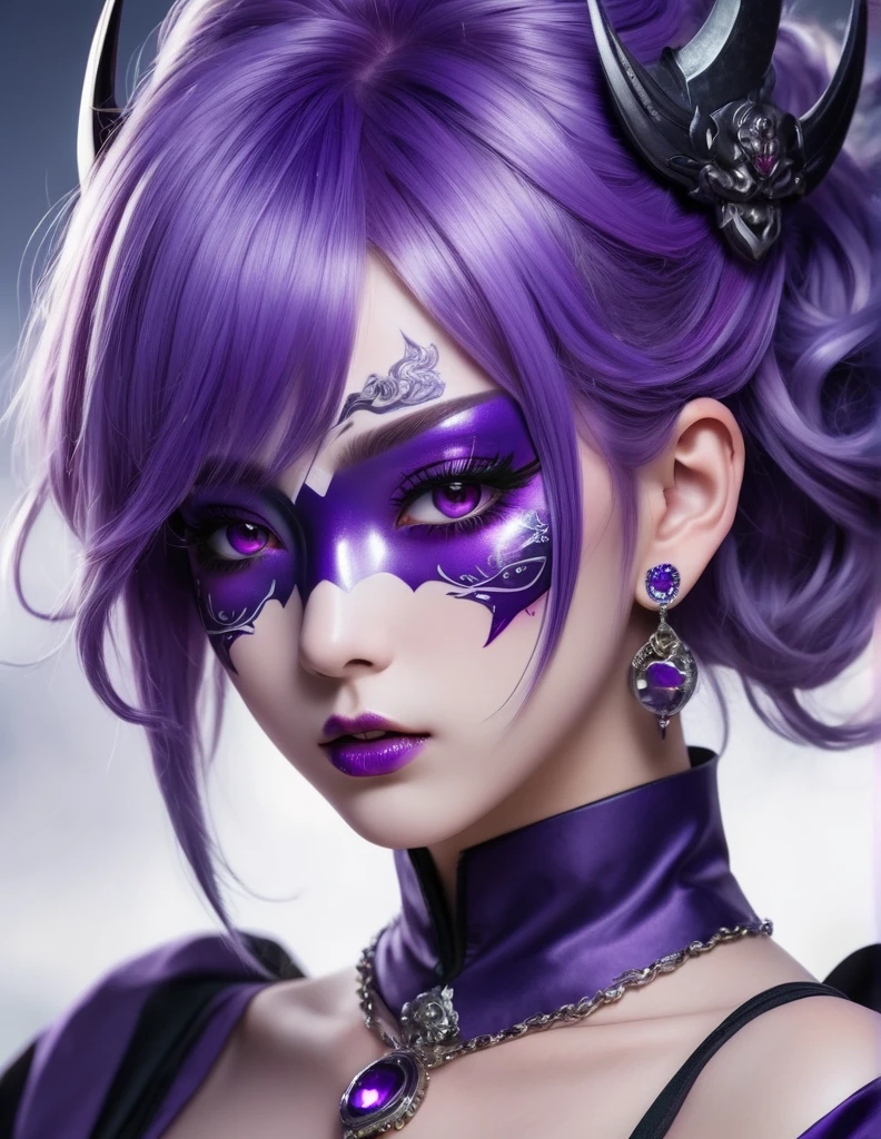 quality(8k wallpaper of extremely detailed CG unit, masterpiece, hight resolution, top-quality, top-quality real texture skin,hyper realisitic, digitial painting,increase the resolution,RAW photos,best qualtiy,highly detailed,the wallpaper),BREAK,8K, anime -style art , full face, mixed color eyes, purple makeup, white skin, metalic purple hair long, jewelry, tattoos, toxic mask , purple eyes, purple taoist uniform