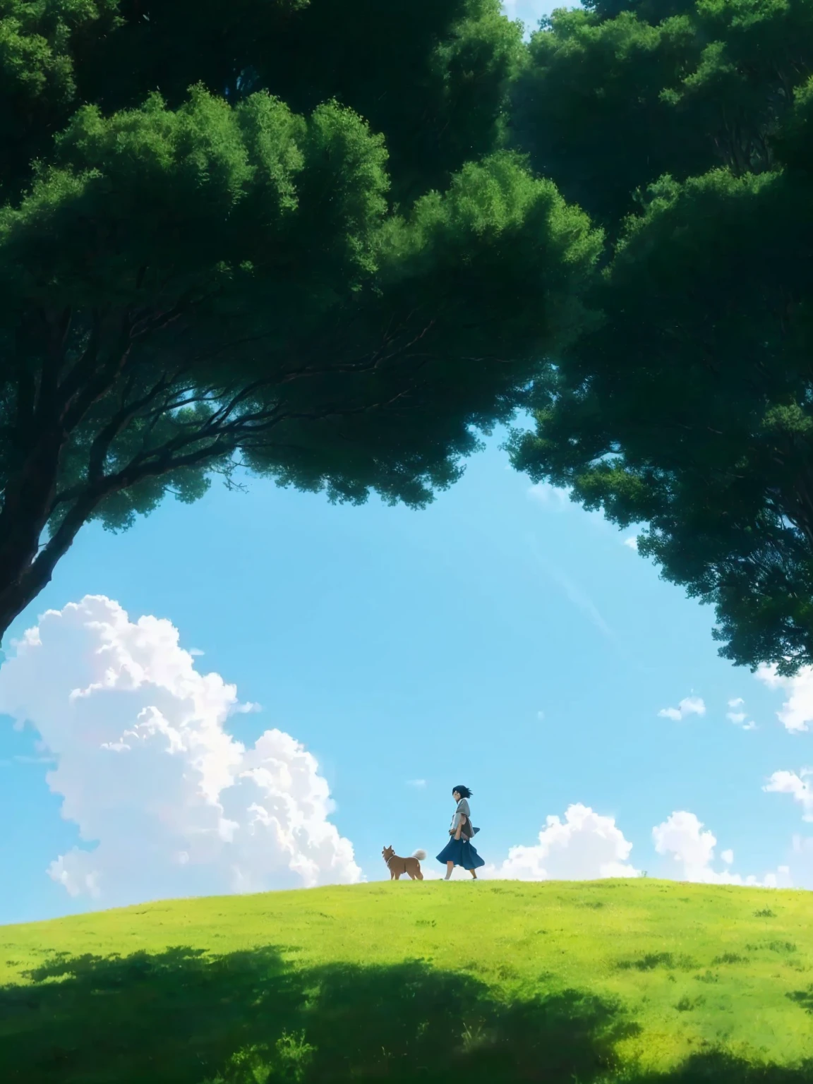 There was a girl walking with a dog in the hills, Medium shot. Hayao Miyazaki, Scratch-off delivery service, Studio Ghibli movie, Movies from Studio Ghibli, Studio Ghibli movie stills, Hayao Miyazaki的动画, Studio Ghibli Sunshine, studio ghibli movie scene, View of Ghibli Studio, Studio Ghibli official stills, Hayao Miyazaki