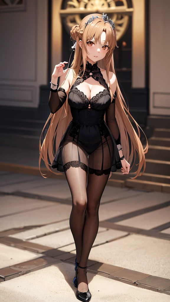 アニメ, highly detailed face, highly detailed eyes, highly detailed background, perfect lighting, full body, 1girl, 独奏, asuna yuuki, formal, indoors, black dress, cleavage, tiara, jewelry, hair bun, frilled skirt, see-through, Bare legs, long light brown hair, absurdres, high res, ultrasharp, 8K, masterpiece, looking at viewer,Large Breasts