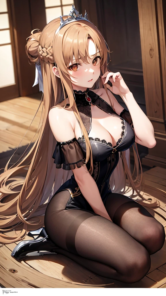 アニメ, highly detailed face, highly detailed eyes, highly detailed background, perfect lighting, full body, 1girl, 独奏, asuna yuuki, formal, indoors, black dress, cleavage, tiara, jewelry, hair bun, frilled skirt, see-through, Bare legs, long light brown hair, absurdres, high res, ultrasharp, 8K, masterpiece, looking at viewer，Large Breasts