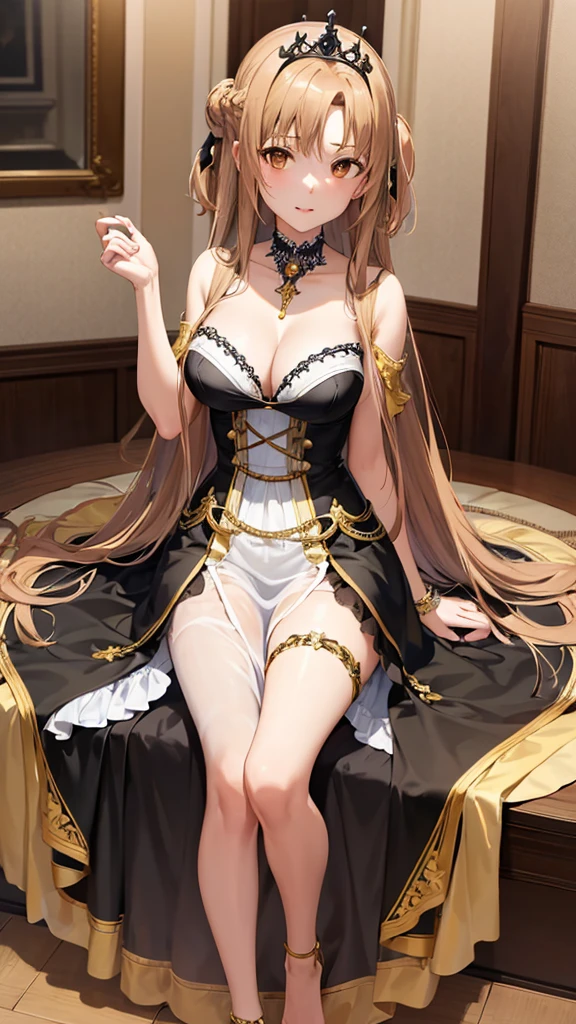 アニメ, highly detailed face, highly detailed eyes, highly detailed background, perfect lighting, full body, 1girl, 独奏, asuna yuuki, formal, indoors, black dress, cleavage, tiara, jewelry, hair bun, frilled skirt, see-through, Bare legs, long light brown hair, absurdres, high res, ultrasharp, 8K, masterpiece, looking at viewer,Large Breasts