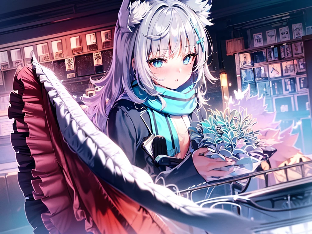 (Highest quality), (High resolution), (masterpiece), (Super detailed), Wolf Ears, Silver Hair, Long Hair, Light blue eyes, One girl, Silky skin, Shiny skin, An athletic body, blush, Heavy breathing, chest, (Swimwear), Front view, (Bright saturation), Sexual pose, Dripping love juice, Heart Pupil, Trembling with sexual climax, Heavy breathing