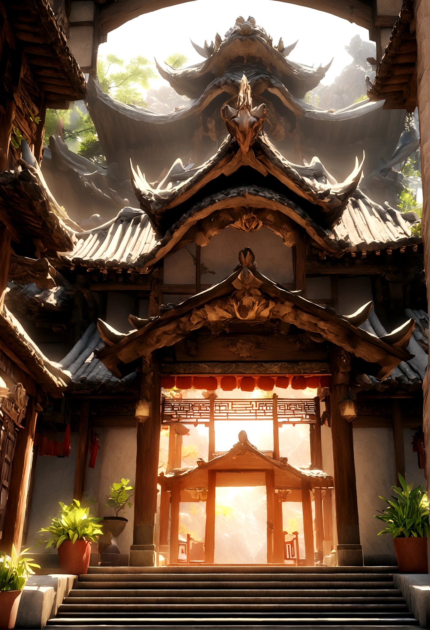 3D rendering of a very beautiful white dragon,腾cloud驾雾,Fir Mountain,Chinese architecture,cloud,sunny day,Dynamic expression, Sharp effects and details,Excellent image quality,High resolution