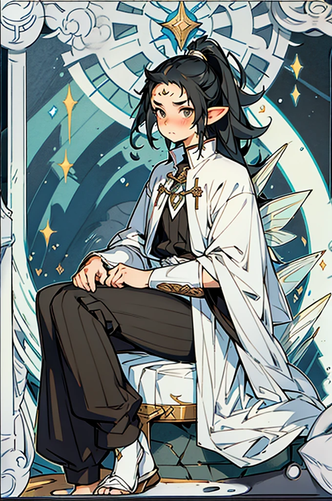 Fairy with pointed ears and semi-long, wavy black hair, who appears to be 26 years old with a fairly mature appearance and in medieval clothing of an adventurer who is sitting and is very embarrassed, surprised and blushing 