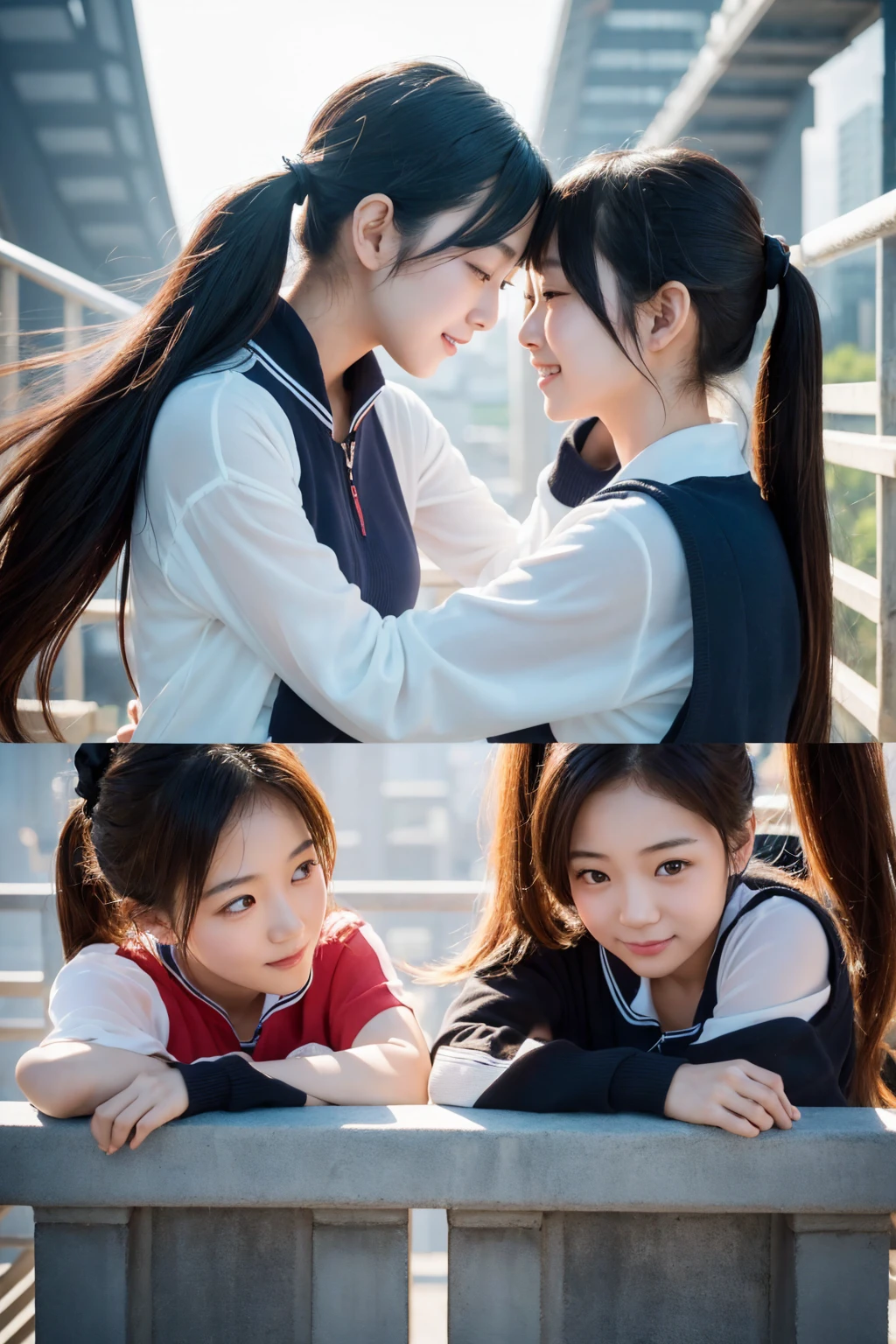 
Two Asian women hugging each other on a bridge, Paintings inspired by Wang Duo, CG society hot topic, realism, Two Japanese female students posing, beautiful gemini twins portrait, Two beautiful anime girls, Trending on cgstation, twinsと, Two Girls, beautiful gemini twins, Twin tails, Trending on cgstation, twins, beautiful sci - fi twins