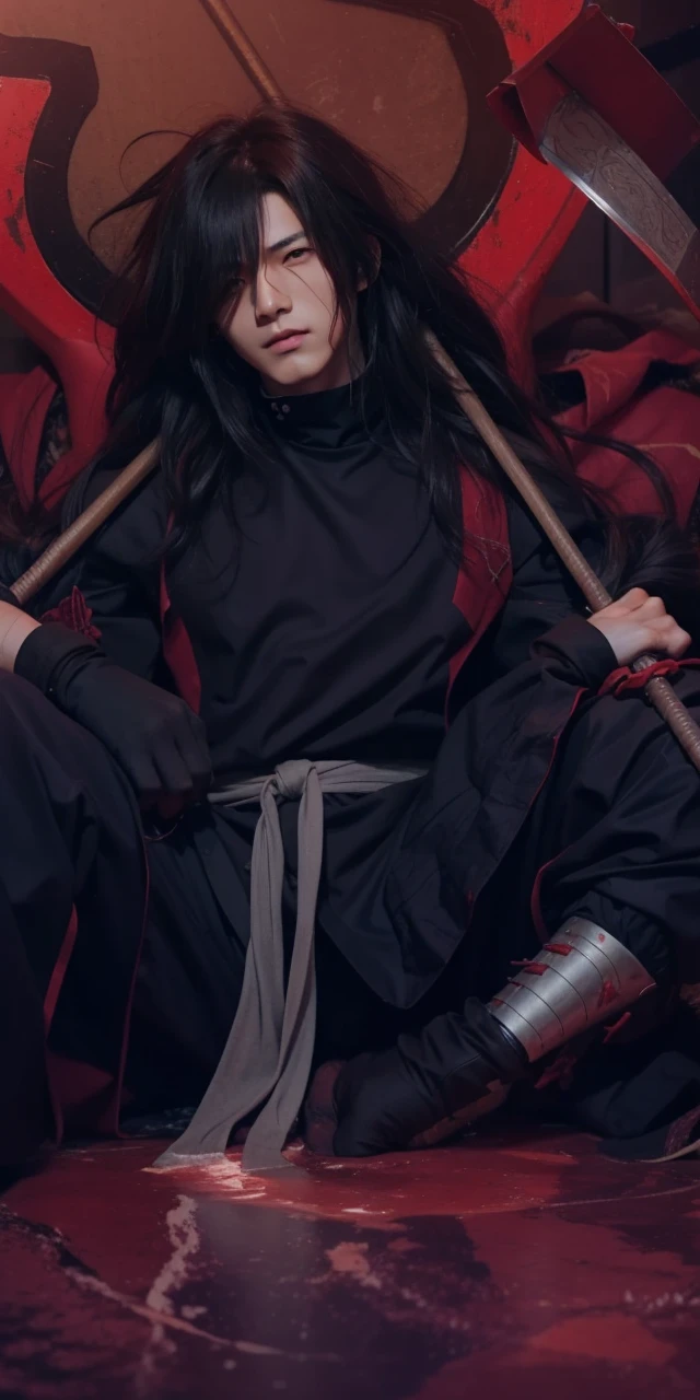 Real life adaption of this character,his name is Madara uchiha from anime Naruto,Korean adult handsome face,realistic long messy hair,realistic outfit with red iron armor like samurai,realistic light,realistic shadow,realistic background,(photorealistic:1.2)