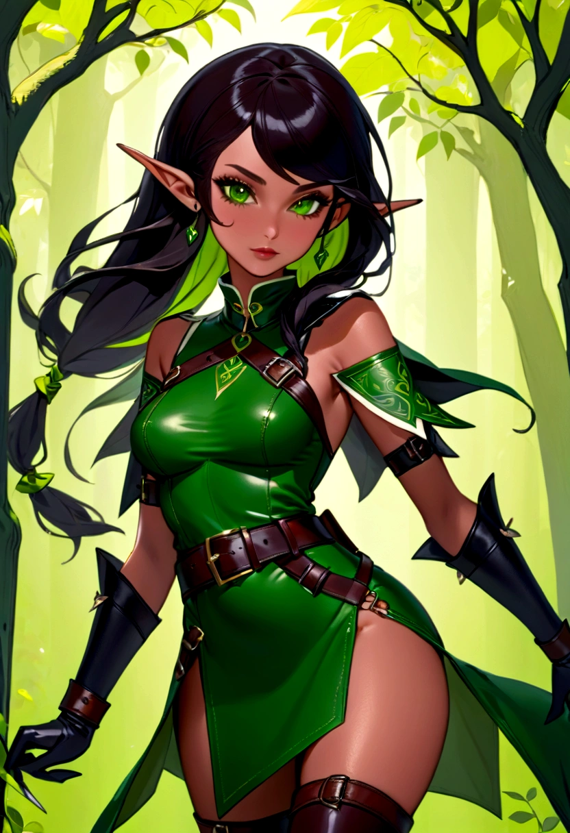 full body picture, anime style, female sexy elf ranger in fantasy forest, beautiful raven-haired elf woman, round hips, slender waist and shoulders, small perky chest, green double slit ranger uniform mini-dress with upper part bodice-style shoulderless, same length double slits on dress, thigh-high black belted leather stiletto high heeled belted boots, stiletto thigh-high leather high-heeled belted boots, leather gloves, green bandana tied over hair, brown belt on waist, long raven colored hair, green eyes, sultry smile, dark lips, dark lipstick, black eyeshadow, green headscarf,