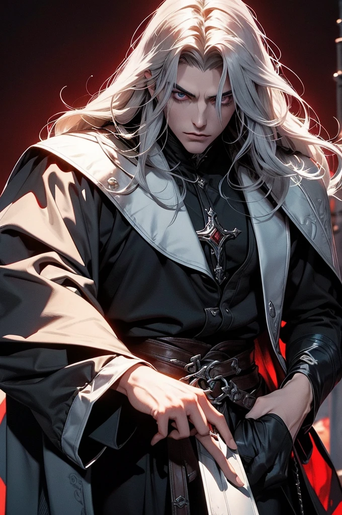 Create a vampire character named Nebur Belmont. His physical features should be similar to those of Alucard from Castlevania: Symphony of the Night. Nebur Belmont should have an elegant and mysterious appearance, with long silver hair, piercing eyes and sharp facial features. Wear dark and gothic style clothes, with light armor details. Your presence must be imposing and noble, reflecting his aristocratic origin and supernatural power
