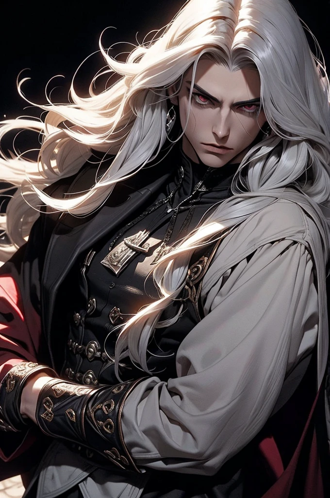 Create a vampire character named Nebur Belmont. His physical features should be similar to those of Alucard from Castlevania: Symphony of the Night. Nebur Belmont should have an elegant and mysterious appearance, with long silver hair, piercing eyes and sharp facial features. Wear dark and gothic style clothes, with light armor details. Your presence must be imposing and noble, reflecting his aristocratic origin and supernatural power